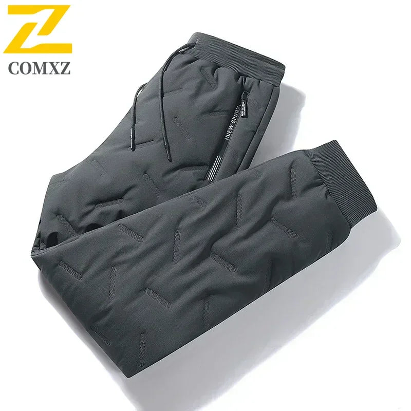 Stay Warm and Stylish: Men's Winter Down Cotton Jogger Pants with Waterproof Zipper Pockets