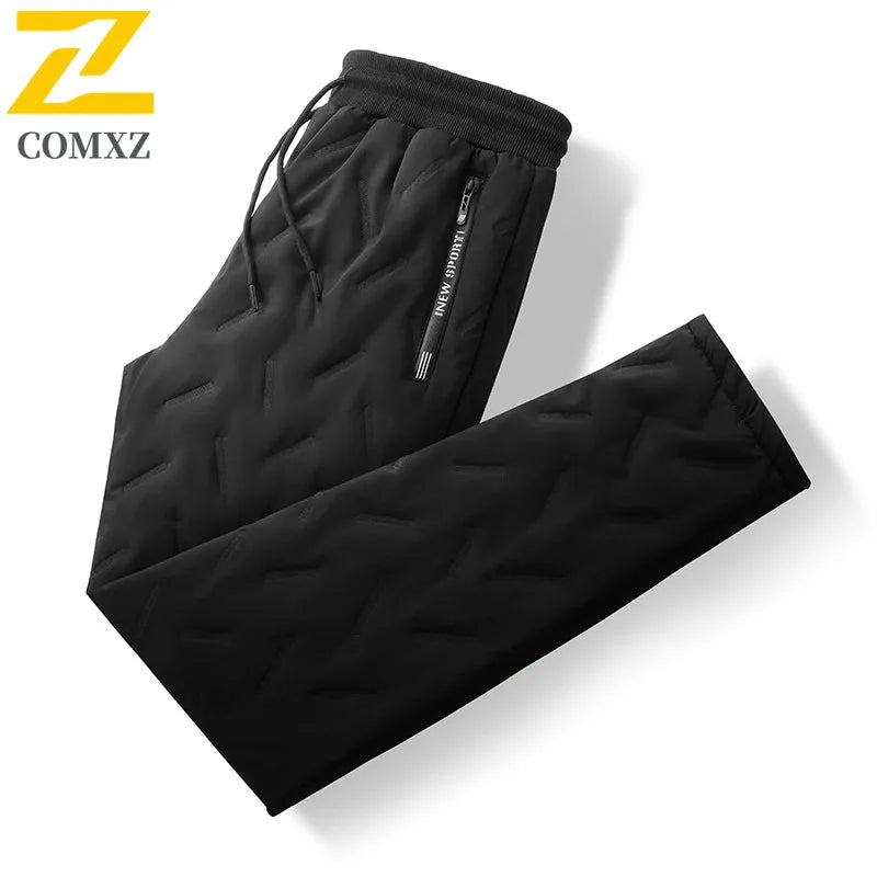 Stay Warm and Stylish: Men's Winter Down Cotton Jogger Pants with Waterproof Zipper Pockets